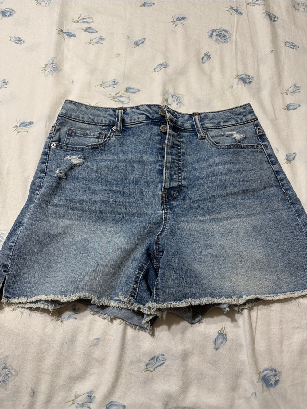 Denim Frayed Hem High-Waist Shorts